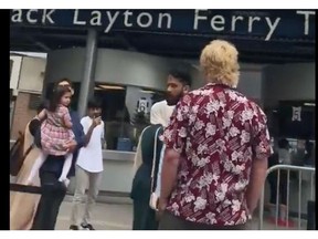 A frame of the confrontation in Toronto from one of the videos that have been widely shared online. One video was filmed by Saskatoon resident Hasan Ahmed. The incident has been described as racially charged.