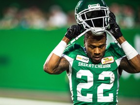 REGINA, SASK : June 30, 2018 -- Saskatchewan Roughriders running back #22 Christion Jones takes his helmet off after a long run that put his team in scoring range during a game against the Montreal Alouettes at Mosaic Stadium. BRANDON HARDER/ Regina Leader-Post