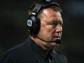 Saskatchewan Roughriders head coach Chris Jones looks on during a game against the Montreal Alouettes at Mosaic Stadium.