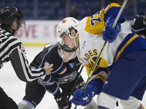 Kootenay Ice forward Cameron Hausinger goes to face off against Saskatoon Blades forward Kirby Dach during the game at the SaskTel Centre in Saskatoon, SK on Tuesday, February 6, 2018.