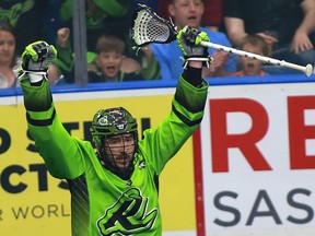 Saskatchewan Rush's Mark Matthews celebrates his goal against Calgary Roughnecks during a one-game, sudden-death playoff game at SaskTel Centre in Saskatoon, Sask. on May 13, 2018.