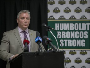 HUMBOLDT, SK--JULY 03/2018- Humboldt Broncos President Kevin Garinger  speaks during a media event where the Humboldt Broncos announce their new head coach, Nathan Oystrick, in Humboldt, SK on Tuesday, July 3, 2018.