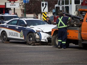 A police cruiser involved in a collision at the intersection of Idylwyld and 22nd Street in Saskatoon on August 1, 2018.