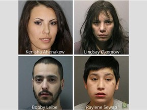 On Thursday, Aug 2, 2018 Saskatoon police said they are seeking the public's assistance in finding Kenisha Ahenakew, 24, Lindsay Okemow, 40, Bobby Leibel, 29 and Raylene Sewap, 21. All four are charged with unlawful confinement and aggravated assault.