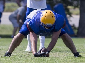 Long-snapper/defensive lineman Jesse McNabb puts in the work at Saskatoon Hilltops training camp at Ron Atchison practice field in Saskatoon on Monday, August 6, 2018.