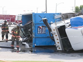 The Saskatoon Fire Department responded to a semi truck rollover on Miller Avenue and 43rd street in Saskatoon, Sask. on Tuesday, August 7, 2018.