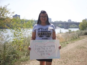 Amanda Sanderson, CEO and founder of SHB Apparel, wants to gather volunteers to post messages of hope on the Broadway Bridge on Sept. 8th in an effort to prevent suicides. Photo taken August 21, 2018.