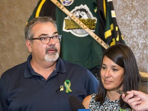 Toby Boulet, left and Bernadine Boulet, parents of Logan Boulet who died after the April 6 Humboldt Broncos bus crash that killed 16 - to receive the Angel's Legacy Humanitarian Award on behalf of his son, speak to media in Humboldt, SK on Thursday, August 23, 2018. The award was renamed in Logan's name to the Logan Boulet Humanitarian Award for inspiring a movement for people in Canada and beyond to register as organ donors.