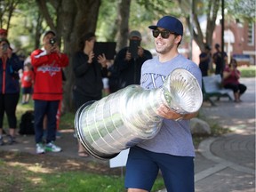 Chandler Stephenson with the Washington Capitals carries the Stanley Cup out to the Vimy Memorial in Saskatoon on August 23, 2018.