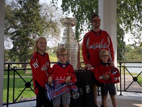 Matt Koroluk visits the Stanley Cup with his children Allison, William, and Jonathan at the Vimy Memorial on August 23, 2018.