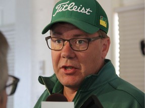 Saskatchewan Premier Scott Moe speaks with reporters in Saskatoon at The Willows Golf & Country Club on Thursday, Aug. 30, 2018 about the Federal Court of Appeals recent ruling on the TransMountain Pipeline. The ruling has put the project in limbo and Moe encouraged the federal government to do anything it can to keep the project moving forward