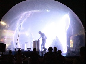 Jean Sebastien Lepage performs during the NOVA light show at the Saskatoon Ex, in Saskatoon, Sask., on Thursday, August 9, 2018. NOVA combines human performances, laser lights, and music, all taking place inside a giant dome.