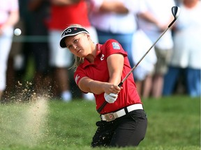 Brooke Henderson of Canada hits out of a bunker on the 17th hole during the second round of the CP Womens Open at the Wascana Country Club on August 24, 2018 in Regina, Canada.