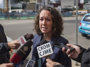 Saskatchewan NDP Justice Critic Nicole Sarauer speaks to reporters outside Saskatoon provincial court on Tuesday, Aug. 28, 2018.