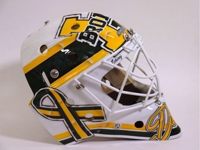 Dane Dow's new goalie mask during and after production. Dow will wear it this upcoming season with the Humboldt Broncos and it will honour the 16 people who died following the collision involving the team bus on April 6. The mask was designed and created by Morgen Schinnour of Schinny Designs.