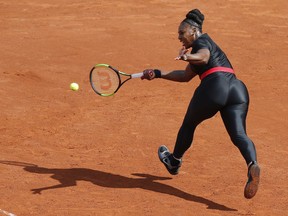 In this May 29, 2018 file photo, Serena Williams returns a shot against Krystyna Pliskova during the French Open at the Roland Garros stadium in Paris.