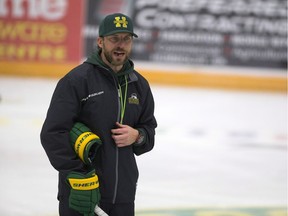 Humboldt Broncos head coach Nathan Oystrick skates during the first day of the Humboldt Broncos training camp at Elgar Petersen Arena in Humboldt, Sask., Friday, August 24, 2018.