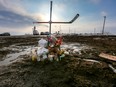Memorial for the Humboldt Broncos at the scene of the crash near Tisdale, Sask., on April 6, 2018. Sixteen people died and 13 were injured when the team bus collided with a transport truck at a rural intersection.