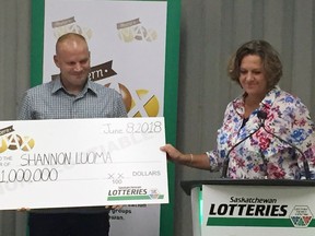 Shannon Luoma from Saskatoon receives a $1 million cheque after winning on the June 8 WESTERN MAX draw. Luoma purchased his $3 quick pick WESTERN MAX ticket at the Shell Select located at 1828 McOrmand Drive in Saskatoon. SP Staff
