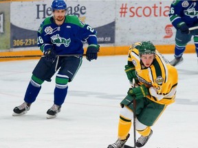 Humboldt Broncos forward Nick Shumlanski shown here in Saskatchewan Junior Hockey League playoff action against the Melfort Mustangs.