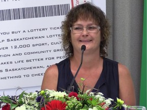 North Battleford resident Sandra Lee Frank was introduced on August 8, 2018 in Saskatoon as Saskatchewan's latest million-dollar lottery winner, after claiming the $1 million guaranteed prize in the July 28 LOTTO 6/49 draw. (Jeff Losie / Saskatoon StarPhoenix)