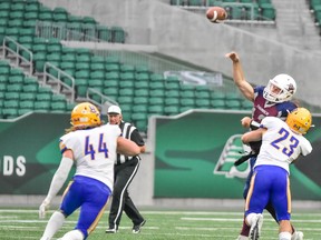 Saskatoon Hilltops' Logan Bitz (No. 23) puts on the pressure during last weekend's win over Regina.