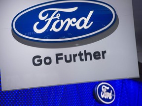 This file photo taken on January 10, 2017 shows the Ford logo seen during the 2017 North American International Auto Show in Detroit, Michigan.