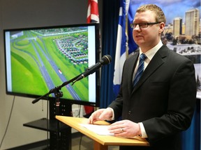 Bryan Zerebeski, project manager for the Saskatoon Interchange Project, provides an update on work happening at the McOrmand Drive and College Drive interchange in Saskatoon, SK on March 22, 2018.