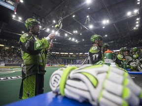 Saskatchewan Rush forward Mark Matthews tapes his stick during a break against the Rochester Knighthawks in NLL action at SaskTel Centre in Saskatoon, SK on Saturday, March 24, 2017. While smokers used to be able to leave the facility for a quick cig, Sasktel Centre announced on Tuesday the facility would become “fully smoke-free” with the removal of its designated smoking areas.
