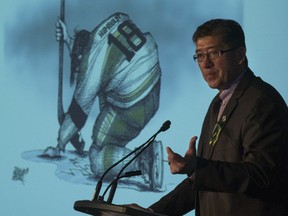 Bill Chow, President of the Saskatchewan Junior Hockey League, speaks during a media event regarding funding for the newly created SJHL Assistance Program, in light of the Humboldt Broncos tragedy, at the Delta Bessborough Hotel in Saskatoon, SK on Thursday, April 26, 2018.