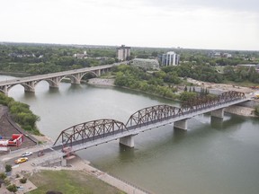 A photo of the Broadway Bridge and the Traffic Bridge, taken from the tower at Parcel Y, in Saskatoon, SK on Wednesday, July 18, 2018.