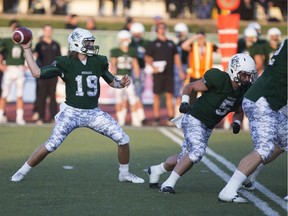 Saskatchewan quarterback Kyle Siemens, shown during the team's season opener, threw four touchdown passes Friday night in Manitoba.