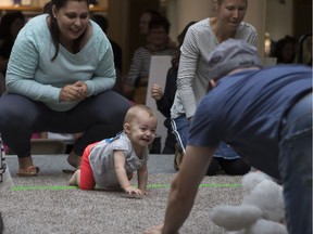 Quinn Pratchier crawls to the finish line during the Market Mall Baby Crawl. Babies will crawl their way to victory in hopes of winning the grand prize: a $1,000 RESP from Knowledge First Financial! plus an assortment of other prizes in Saskatoon, Sk on Saturday, September 8, 2018.