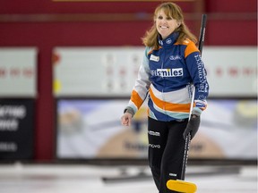 Darcy Robertson, skip for team Robertson (Winnipeg) celebrates against team Yoshimura (Sapporo, Japan) during the Colonial Square Ladies Curling Classic Championship game at Nutana Curling Club in Saskatoon, SK on Monday, September 17, 2018.