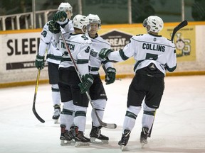 The University of Saskatchewan Huskies celebrate a goal against the York University Lions during first-period pre-season U Sports men's hockey action at Rutherford Rink in Saskatoon on Sunday, September 23, 2018. The pre-season game was played in honour of Mark Cross, the Humboldt Broncos' assistant coach who was killed in the April 6 bus crash. It was also the last game to be played at Rutherford Rink.