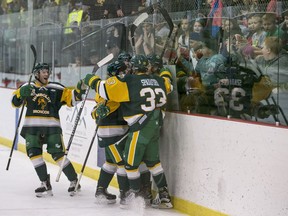 The Humboldt Broncos celebrate a goal against the Estevan Bruins in Warman, SK on Tuesday, September 25, 2018. The Broncos, who are rebuilding their team after 16 people died in an April 6 bus crash beat the Estevan Bruins 6-2 Tuesday at the Legends Centre in Warman. Humboldt is now 3-2, as is Estevan. The SJHL wraps up its four-day series of games in Warman with two contests Wednesday: Nipawin against Notre Dame at 11 a.m., and Humboldt against Melville at 2 p.m.