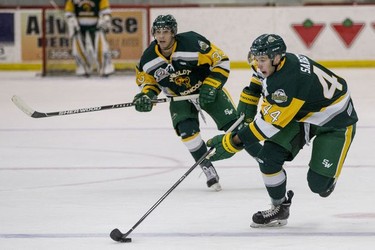 Humboldt Broncos defenceman Kyle Sargent moves the puck against the Estevan Bruins in Warman, SK on Tuesday, September 25, 2018. The Broncos, who are rebuilding their team after 16 people died in an April 6 bus crash beat the Estevan Bruins 6-2 Tuesday at the Legends Centre in Warman. Humboldt is now 3-2, as is Estevan. The SJHL wraps up its four-day series of games in Warman with two contests Wednesday: Nipawin against Notre Dame at 11 a.m., and Humboldt against Melville at 2 p.m.