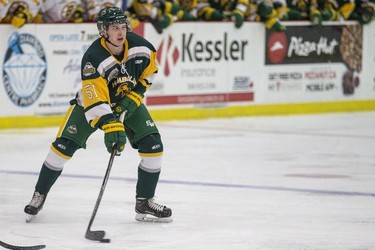 WARMAN,SK--SEPTEMBER 25/2018-0926 Sports Broncos Bruins- Humboldt Broncos forward Owen Guenter moves the puck against the Estevan Bruins in Warman, SK on Tuesday, September 25, 2018. The Broncos, who are rebuilding their team after 16 people died in an April 6 bus crash beat the Estevan Bruins 6-2 Tuesday at the Legends Centre in Warman. Humboldt is now 3-2, as is Estevan. The SJHL wraps up its four-day series of games in Warman with two contests Wednesday: Nipawin against Notre Dame at 11 a.m., and Humboldt against Melville at 2 p.m.