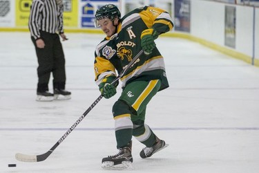 Humboldt Broncos forward Michael Clarke takes a shot against the Estevan Bruins in Warman, SK on Tuesday, September 25, 2018. The Broncos, who are rebuilding their team after 16 people died in an April 6 bus crash beat the Estevan Bruins 6-2 Tuesday at the Legends Centre in Warman. Humboldt is now 3-2, as is Estevan. The SJHL wraps up its four-day series of games in Warman with two contests Wednesday: Nipawin against Notre Dame at 11 a.m., and Humboldt against Melville at 2 p.m.
