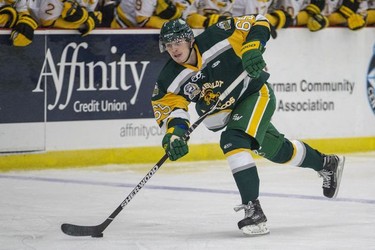 Humboldt Broncos defenceman Chase Felgueiras takes a shot against the Estevan Bruins in Warman, SK on Tuesday, September 25, 2018. The Broncos, who are rebuilding their team after 16 people died in an April 6 bus crash beat the Estevan Bruins 6-2 Tuesday at the Legends Centre in Warman. Humboldt is now 3-2, as is Estevan. The SJHL wraps up its four-day series of games in Warman with two contests Wednesday: Nipawin against Notre Dame at 11 a.m., and Humboldt against Melville at 2 p.m.