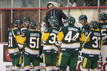Humboldt Broncos head coach Nathan Oystrick as his team takes on the Estevan Bruins in Warman, SK on Tuesday, September 25, 2018. The Broncos, who are rebuilding their team after 16 people died in an April 6 bus crash beat the Estevan Bruins 6-2 Tuesday at the Legends Centre in Warman. Humboldt is now 3-2, as is Estevan. The SJHL wraps up its four-day series of games in Warman with two contests Wednesday: Nipawin against Notre Dame at 11 a.m., and Humboldt against Melville at 2 p.m.