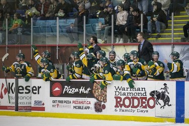 The Humboldt Broncos bench celebrates a goal against the Estevan Bruins in Warman, SK on Tuesday, September 25, 2018. The Broncos, who are rebuilding their team after 16 people died in an April 6 bus crash beat the Estevan Bruins 6-2 Tuesday at the Legends Centre in Warman. Humboldt is now 3-2, as is Estevan. The SJHL wraps up its four-day series of games in Warman with two contests Wednesday: Nipawin against Notre Dame at 11 a.m., and Humboldt against Melville at 2 p.m.