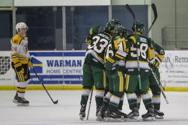 The Humboldt Broncos celebrates a goal against the Estevan Bruins in Warman, SK on Tuesday, September 25, 2018. The Broncos, who are rebuilding their team after 16 people died in an April 6 bus crash beat the Estevan Bruins 6-2 Tuesday at the Legends Centre in Warman. Humboldt is now 3-2, as is Estevan. The SJHL wraps up its four-day series of games in Warman with two contests Wednesday: Nipawin against Notre Dame at 11 a.m., and Humboldt against Melville at 2 p.m.