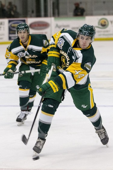 The Humboldt Broncos defenceman Kyle Sargent takes a shot against the Estevan Bruins in Warman, SK on Tuesday, September 25, 2018. The Broncos, who are rebuilding their team after 16 people died in an April 6 bus crash beat the Estevan Bruins 6-2 Tuesday at the Legends Centre in Warman. Humboldt is now 3-2, as is Estevan. The SJHL wraps up its four-day series of games in Warman with two contests Wednesday: Nipawin against Notre Dame at 11 a.m., and Humboldt against Melville at 2 p.m.