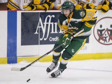 The Humboldt Broncos forward Luke Spadafora moves the puck against the Estevan Bruins in Warman, SK on Tuesday, September 25, 2018. The Broncos, who are rebuilding their team after 16 people died in an April 6 bus crash beat the Estevan Bruins 6-2 Tuesday at the Legends Centre in Warman. Humboldt is now 3-2, as is Estevan. The SJHL wraps up its four-day series of games in Warman with two contests Wednesday: Nipawin against Notre Dame at 11 a.m., and Humboldt against Melville at 2 p.m.