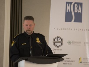 Saskatoon police chief Troy Cooper speaks at a North Saskatoon Business Association lunch on Sept. 26 in Saskatoon.