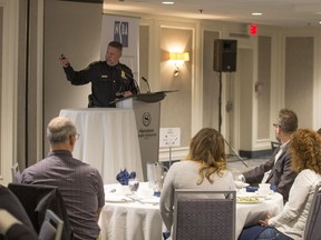 Police chief Troy Cooper speaks during the NSBA luncheon at the Sheraton Cavalier in Saskatoon, Sk on Wednesday, September 26, 2018.