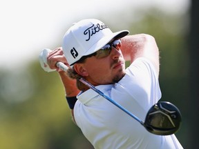 Roger Sloan of Canada watches his tee shot on the 16th hole during the third round of the Web.com Tour DAP Championship at Canterbury Golf Club on September 1, 2018 in Beachwood, Ohio.