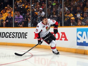 Erik Karlsson of the Ottawa Senators competes in the Bridgestone NHL Fastest Skater during the 2016 Honda NHL All-Star Skill Competition at Bridgestone Arena on January 30, 2016 in Nashville, Tennessee.