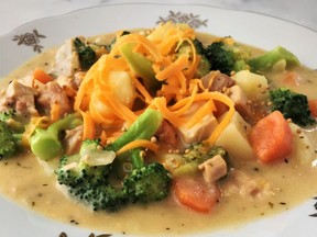 This broccoli, cheddar and chicken chowder is thick, well seasoned and loaded with vegetables and protein. (Renee Kohlman)